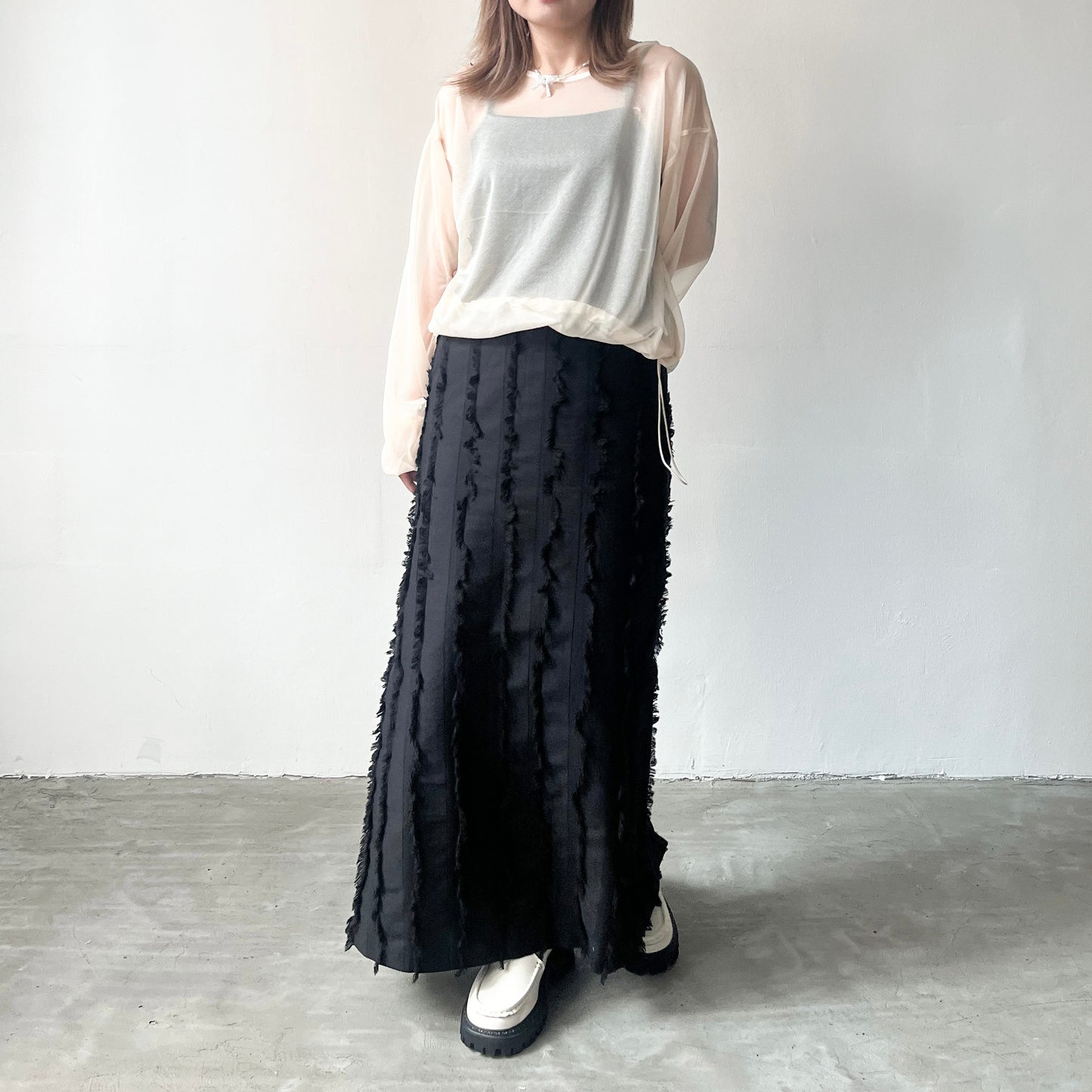 TP209- See-through Puff sleeves Top | Ivory | Blue