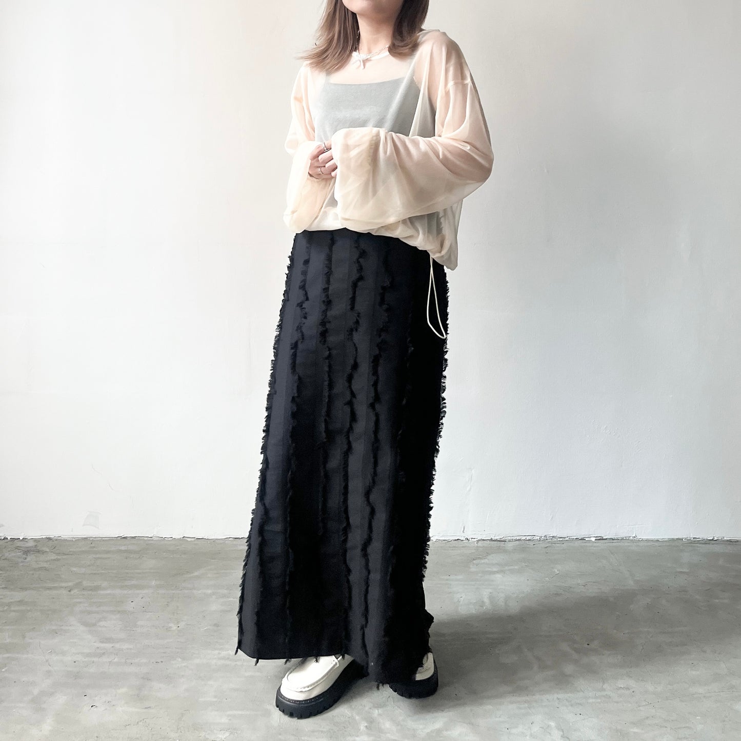 TP209- See-through Puff sleeves Top | Ivory | Blue