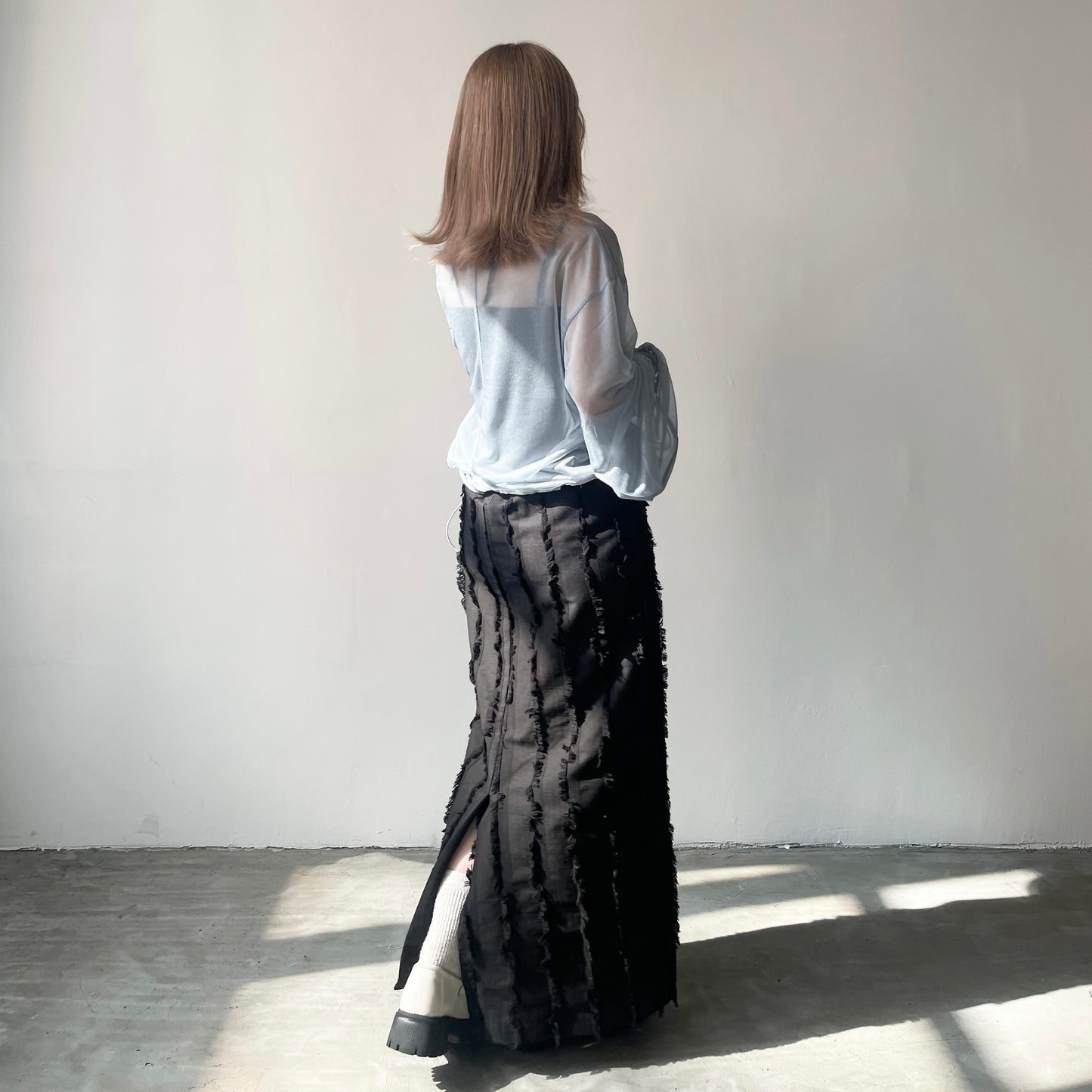 TP209- See-through Puff sleeves Top | Ivory | Blue