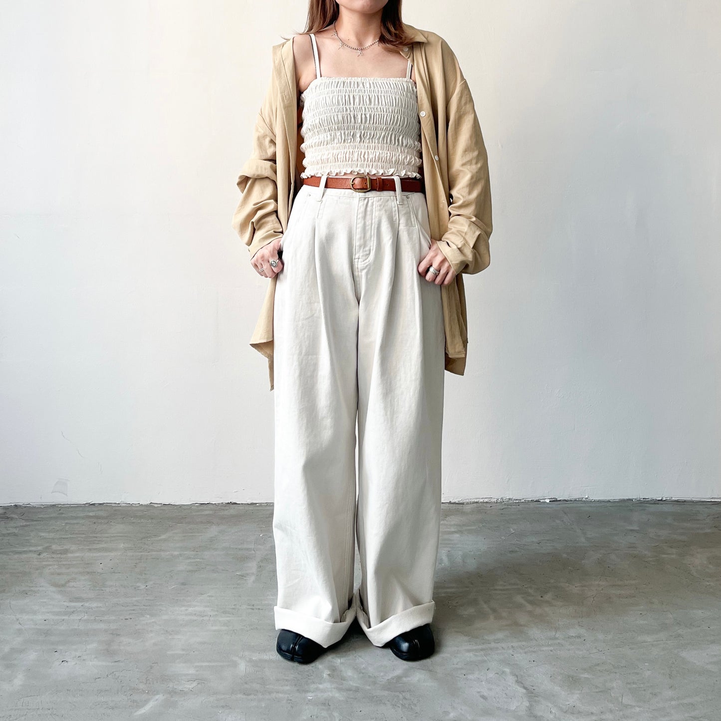 ( must have ! ) PT36- Pleated Wide leg Cotton Pants | Natural | Beige