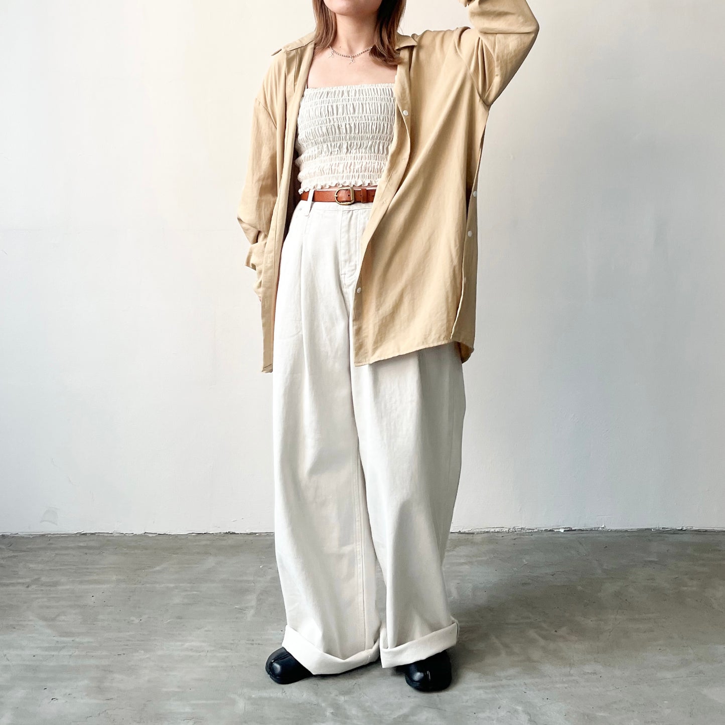 TP219- Breasted Double Shirt | White | Beige