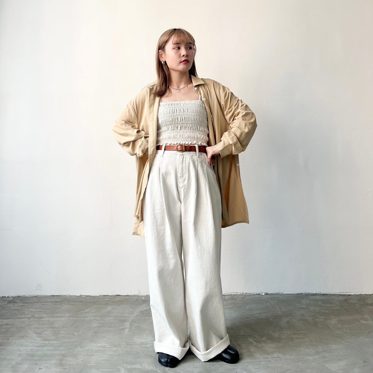TP219- Breasted Double Shirt | White | Beige