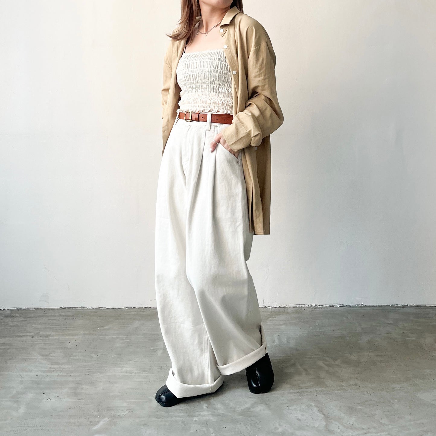 TP219- Breasted Double Shirt | White | Beige