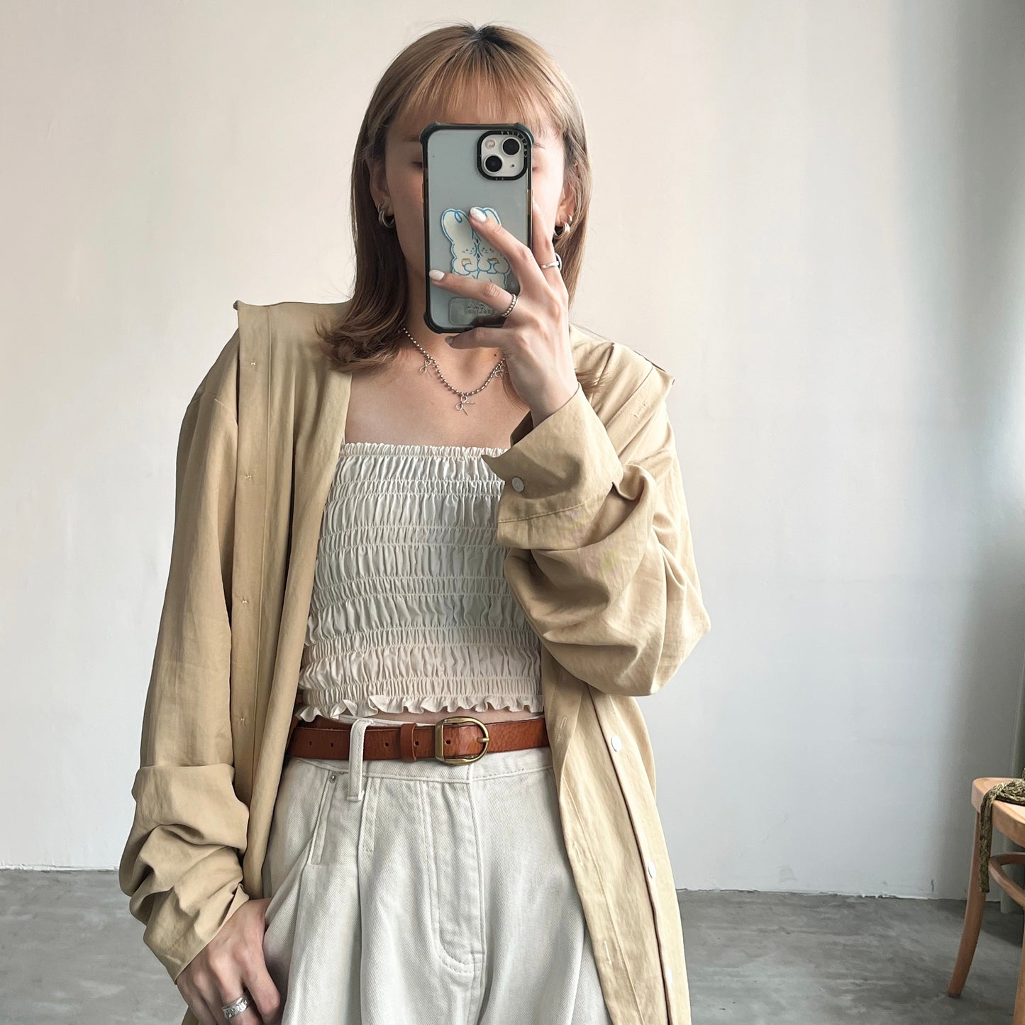 TP219- Breasted Double Shirt | White | Beige