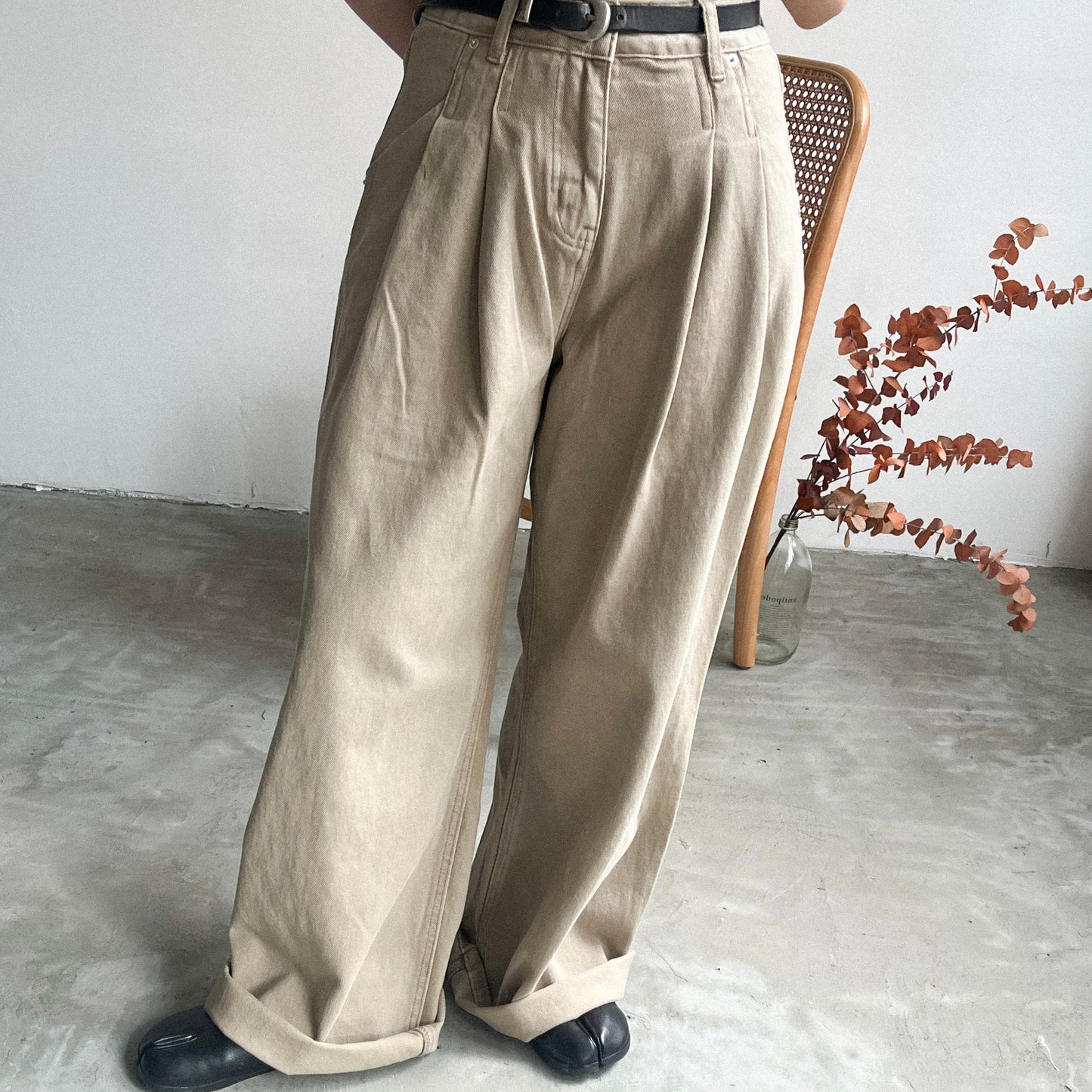 ( must have ! ) PT36- Pleated Wide leg Cotton Pants | Natural | Beige