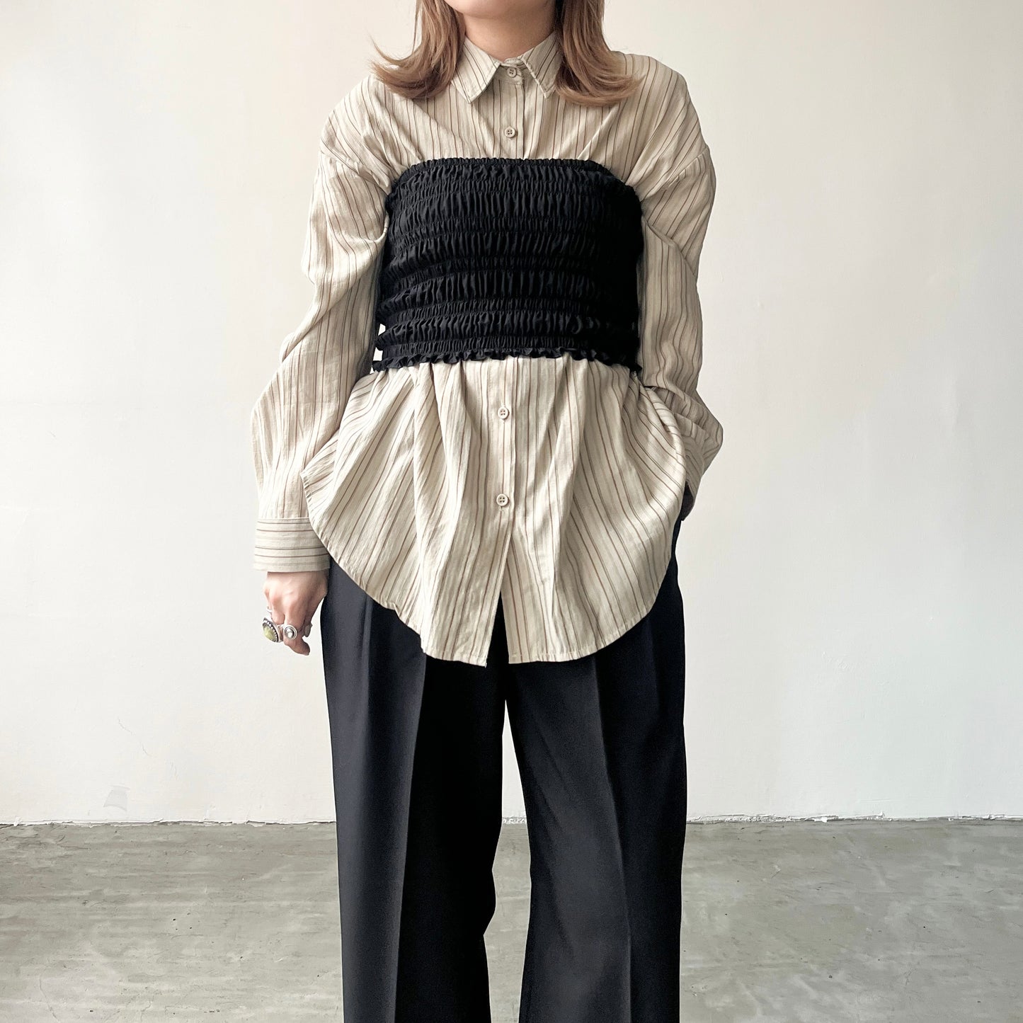 TP218- Stripe Line Shirt | Ivory | Khaki