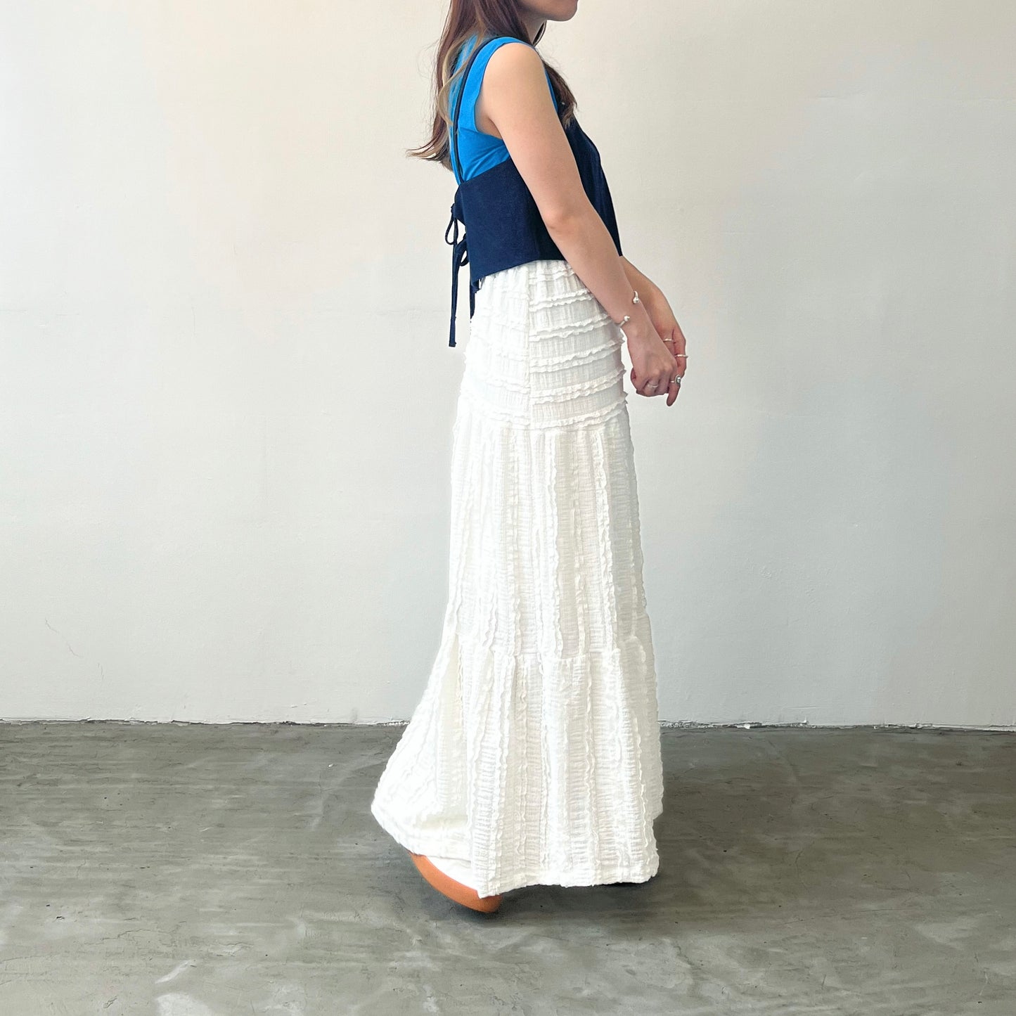 SK22- Ruffle Long Skirt | White | Black