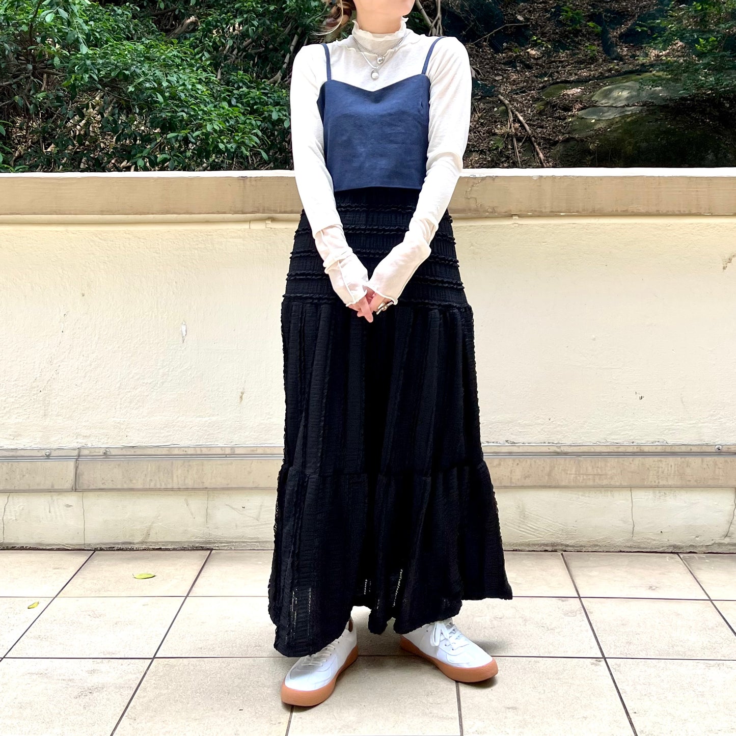 SK22- Ruffle Long Skirt | White | Black