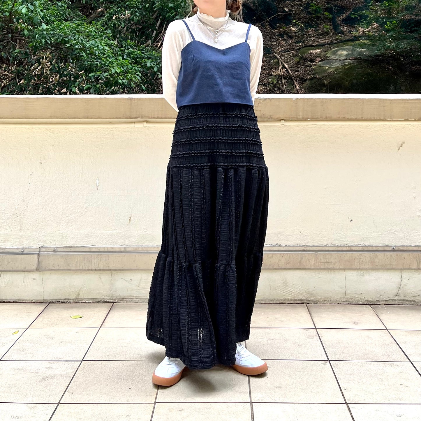 SK22- Ruffle Long Skirt | White | Black