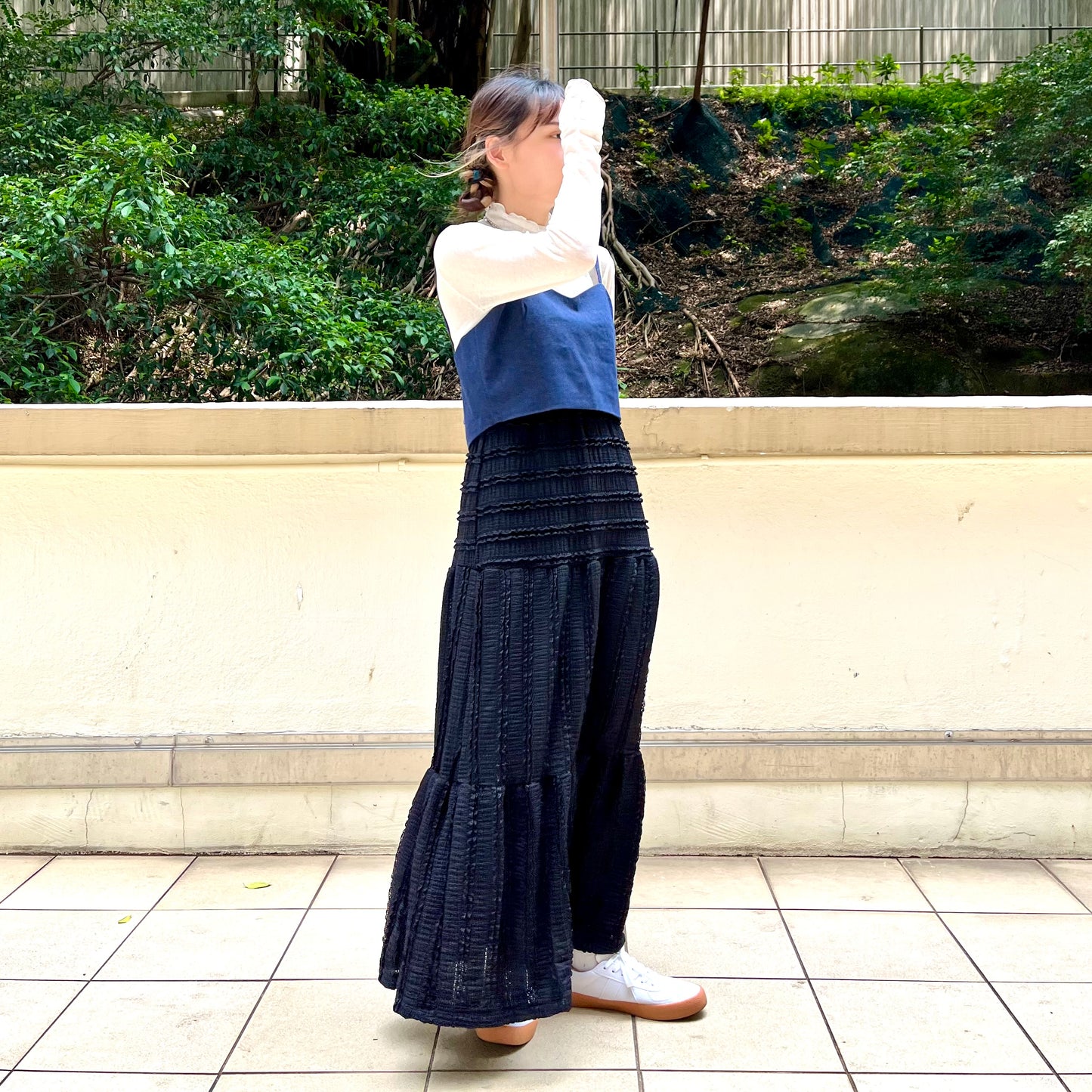 SK22- Ruffle Long Skirt | White | Black