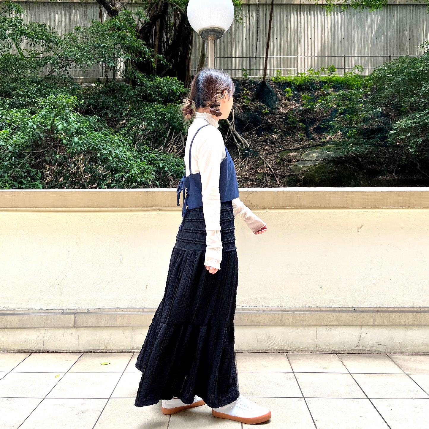 SK22- Ruffle Long Skirt | White | Black