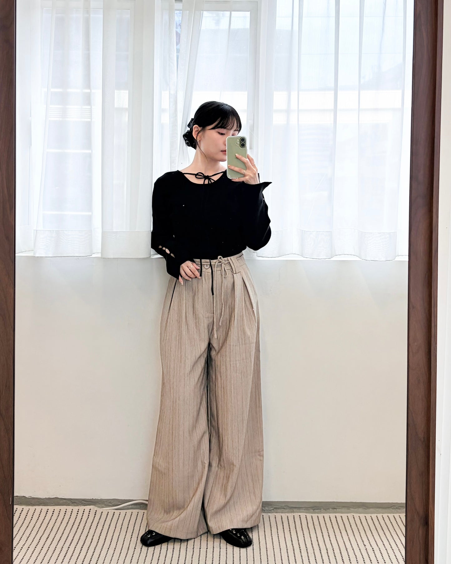 TP682- Neck String ribbon Knit Top |  Ivory | Blue | Black