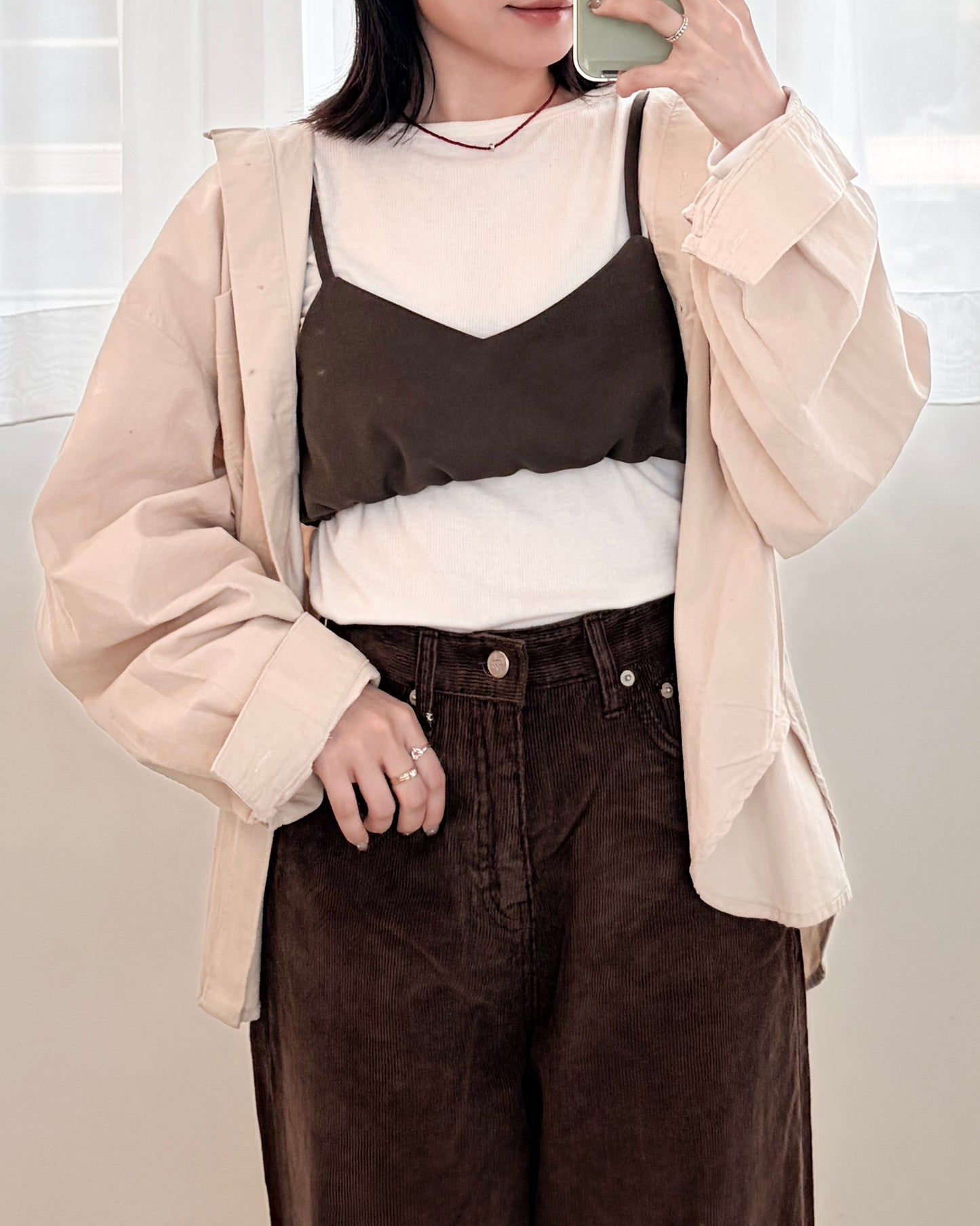 TP696- 三色薄燈芯絨恤衫 ｜ Ivory | Light Green | Brown