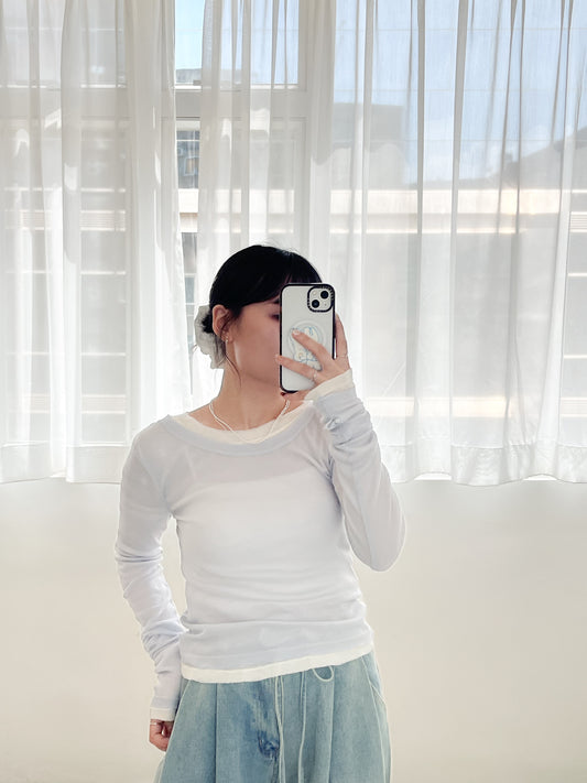 TP677- Long Sleeve Sheer Top | White | Pink | Blue | Grey