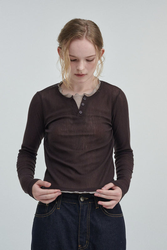 "早鳥優惠" TP665- layer Sheer Top | Brown | Navy