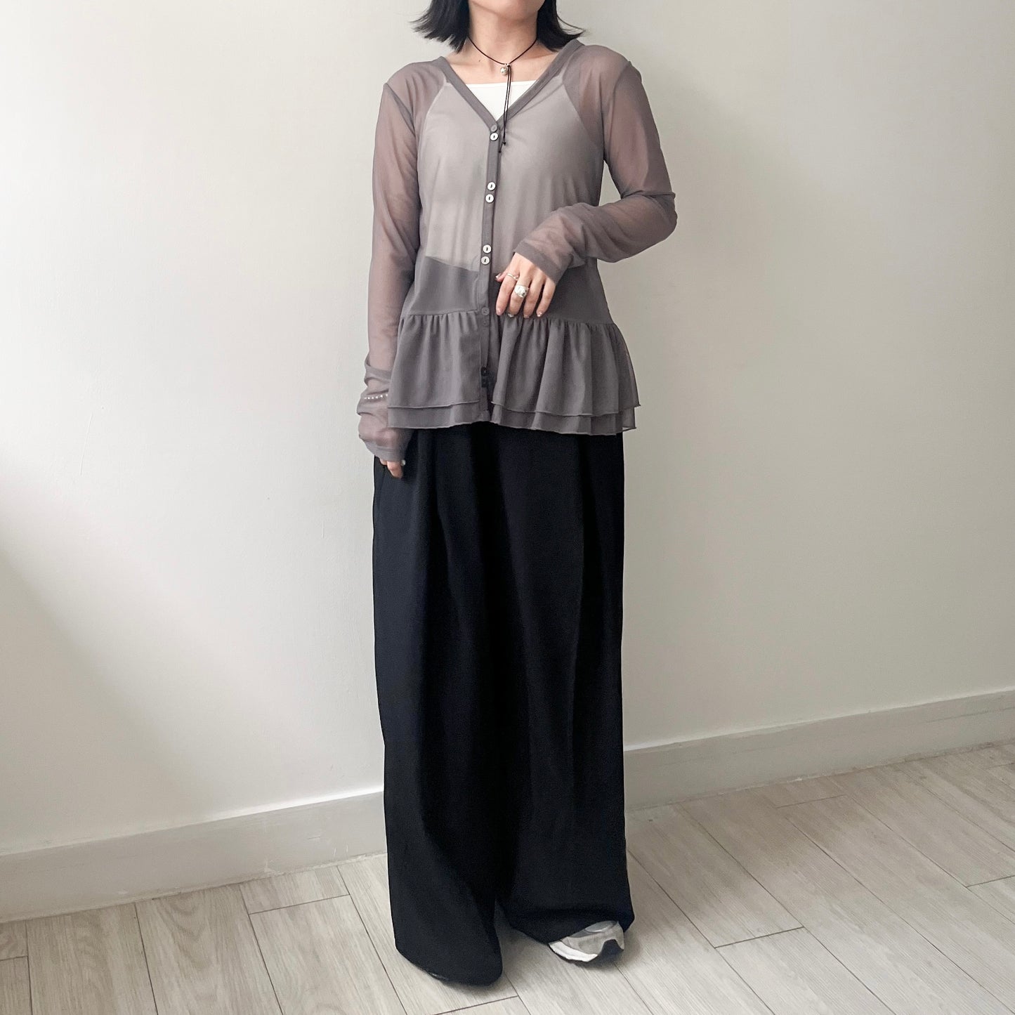 TP494- Layer See-through V Neck Top | White | Grey | Black
