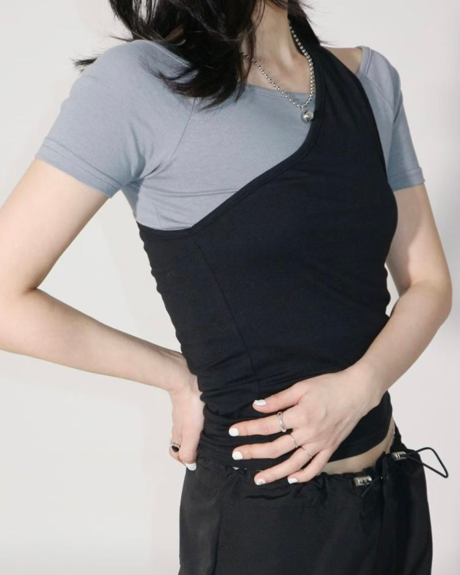 TP755- Off Shoulder 2 in 1 Top | Black x Light Grey | White x Grey | Deep Grey x Black ( 2件可分開 )