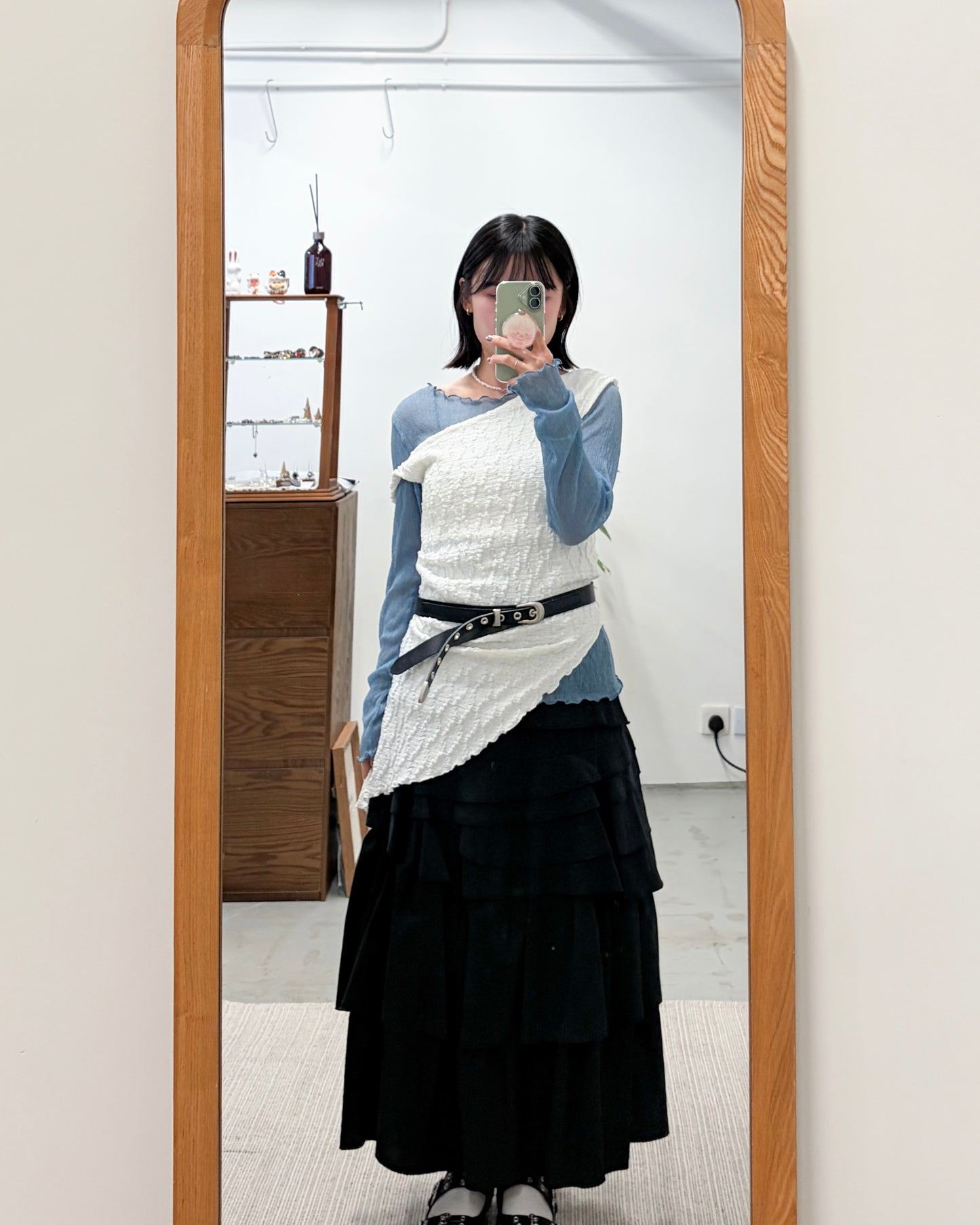 TP735- 樹紋 See-through Ruffle Top | White | Light grey | Grey | Blue | Black ( 超大彈性 )