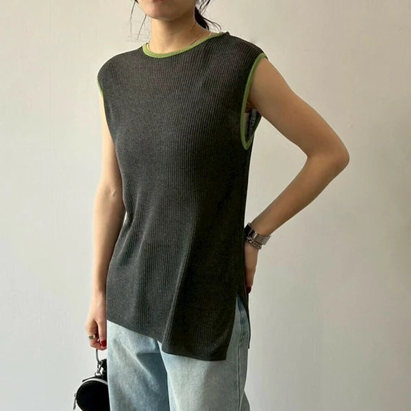 TP518- Color Sleeve Vest  Top | Ivory | Grey | Brown