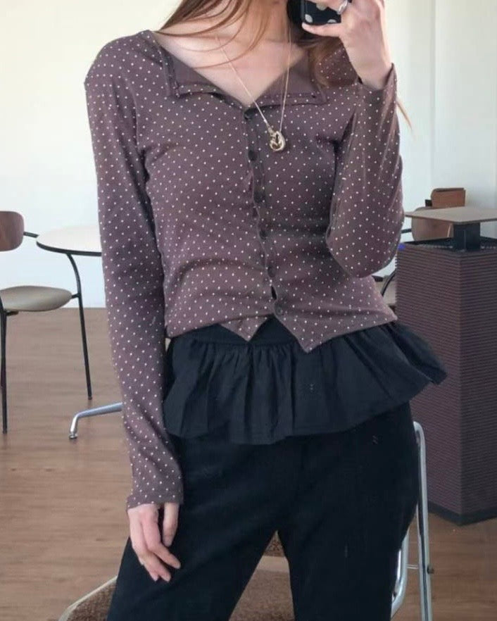 TP712- Small Dot Button Top / Cardigan | White | Red | Navy | Black | Grey | Brown