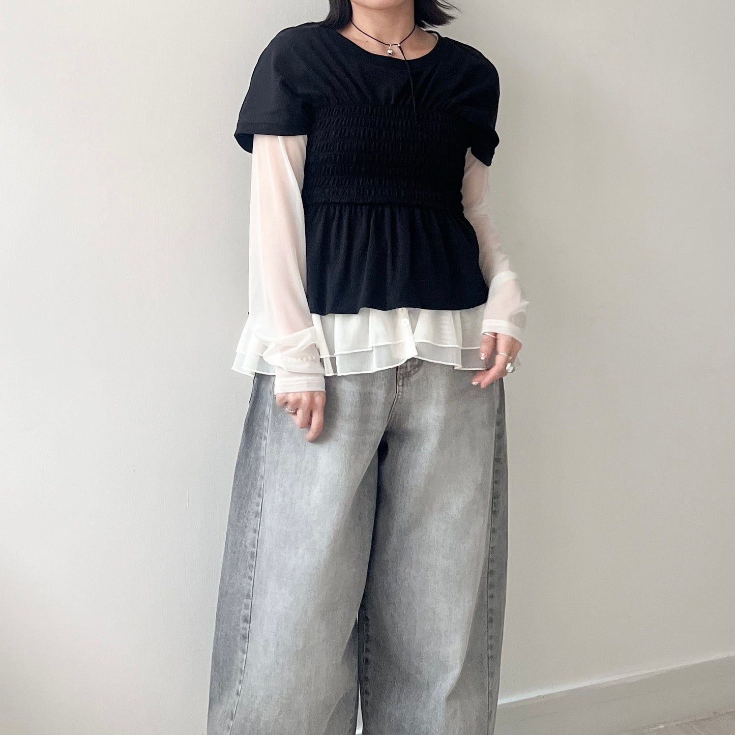 TP494- Layer See-through V Neck Top | White | Grey | Black