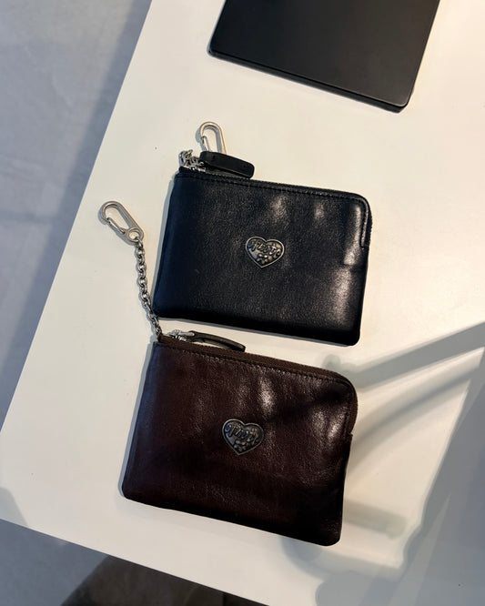 牛皮 心心logo拉鍊銀包 | Brown | Black