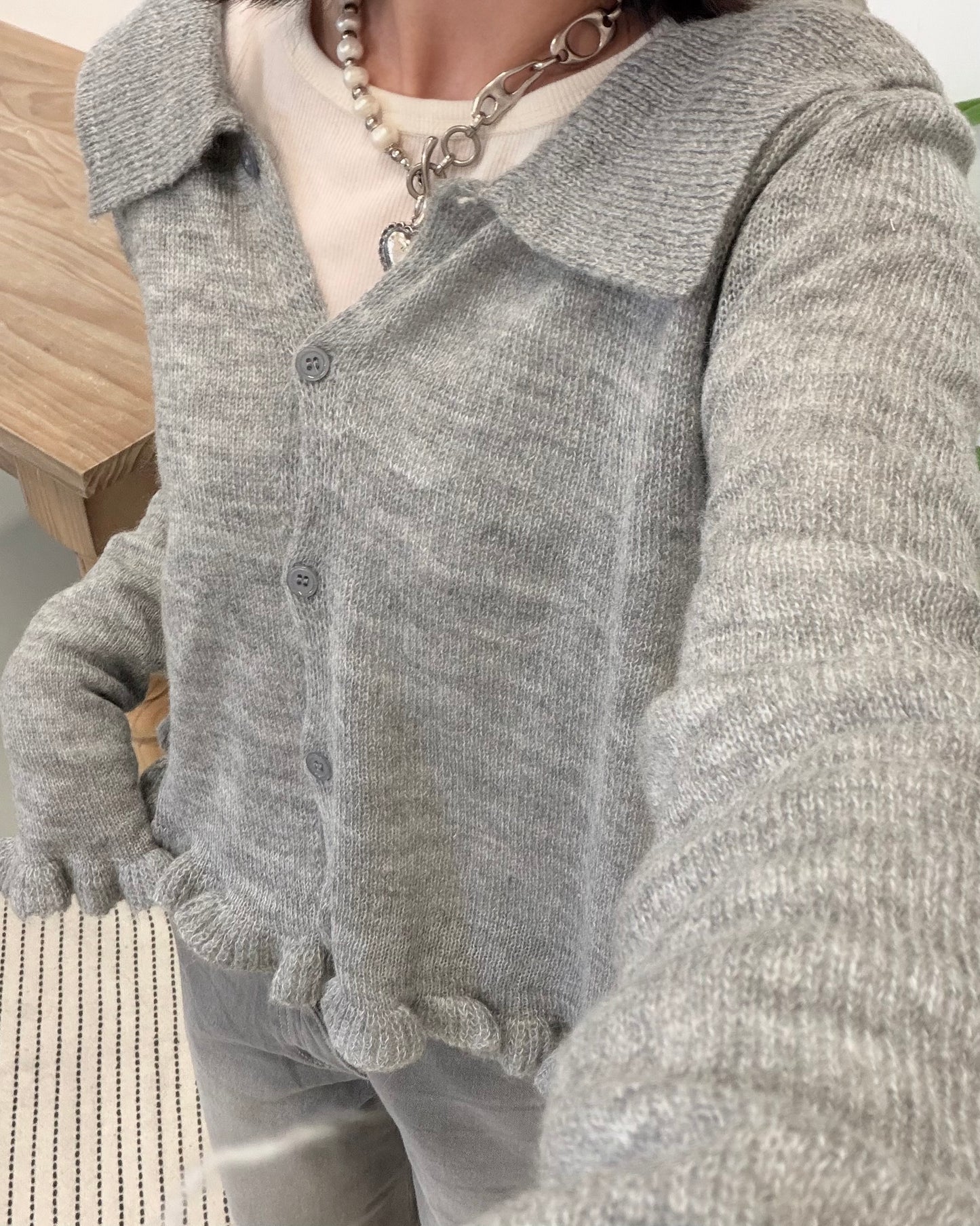 JK46- Ruffle Knit Cardigan | Grey | Brown