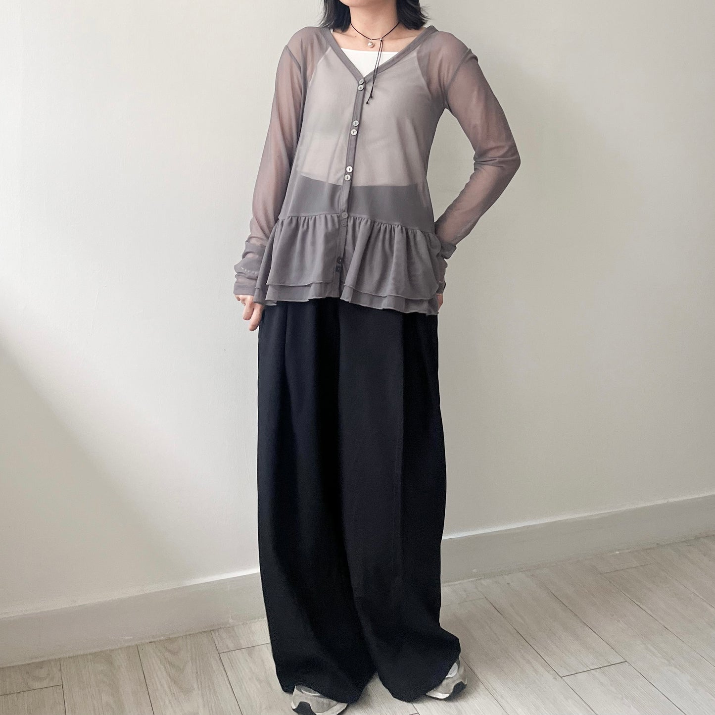 TP494- Layer See-through V Neck Top | White | Grey | Black