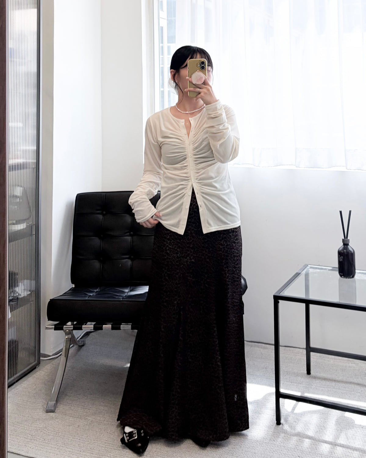 TP838- Sheer Velour gathered Top| Ivory | Brown | Black