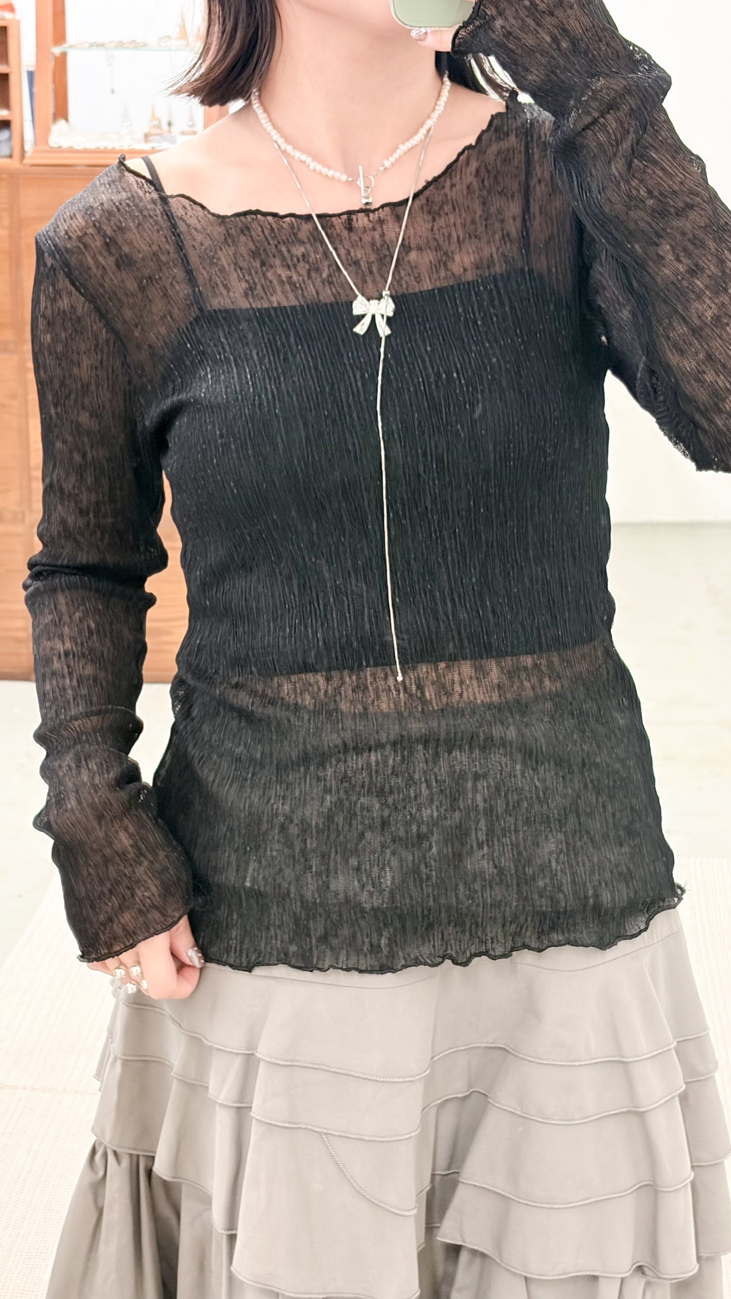 TP735- 樹紋 See-through Ruffle Top | White | Light grey | Grey | Blue | Black ( 超大彈性 )