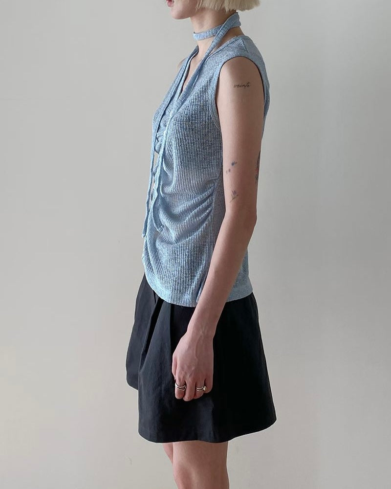 TP821- 網格皺皺連頸帶Set Top | Blue | Grey | Black