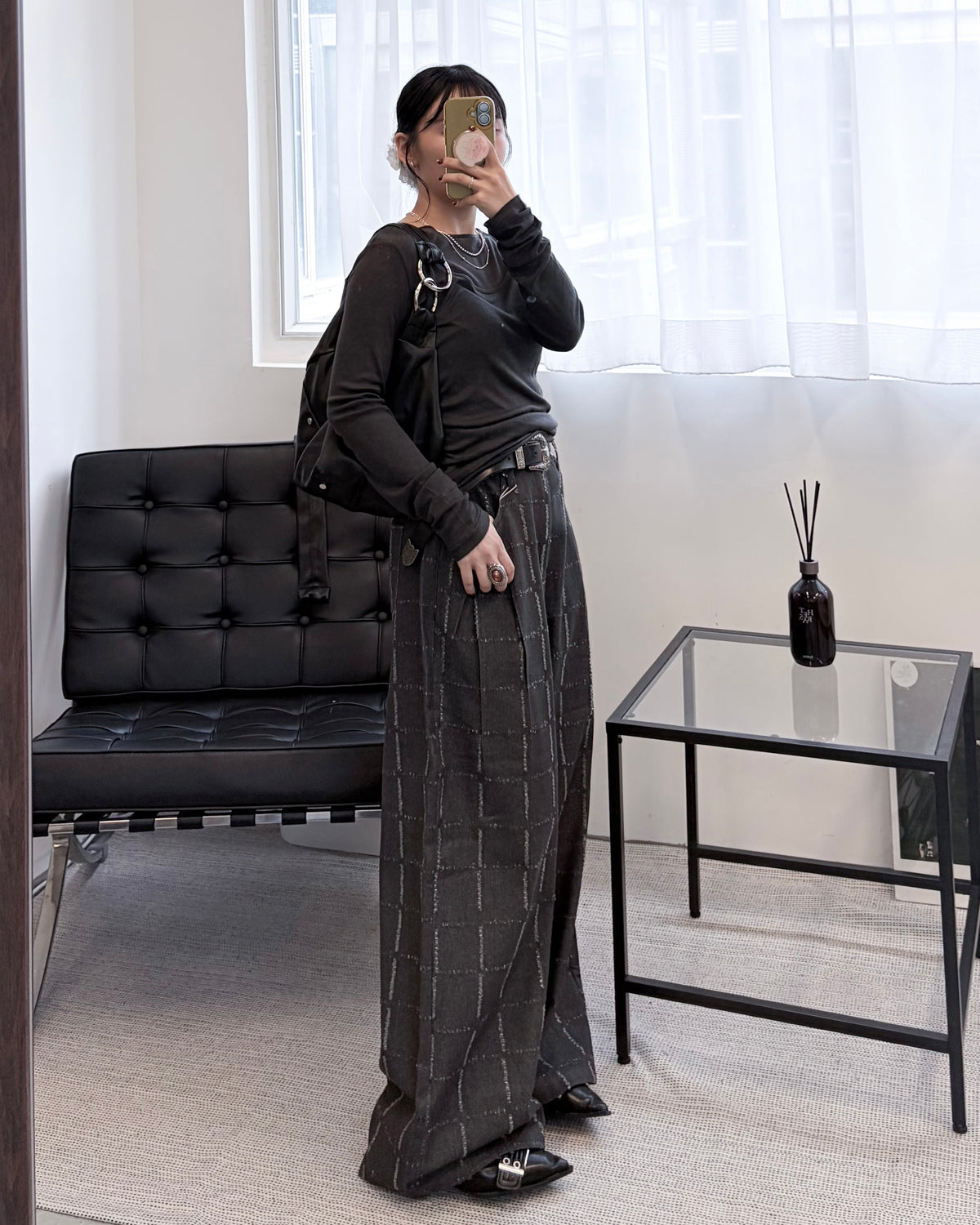 PT126- Windowpane Check Pattern Pants | Black