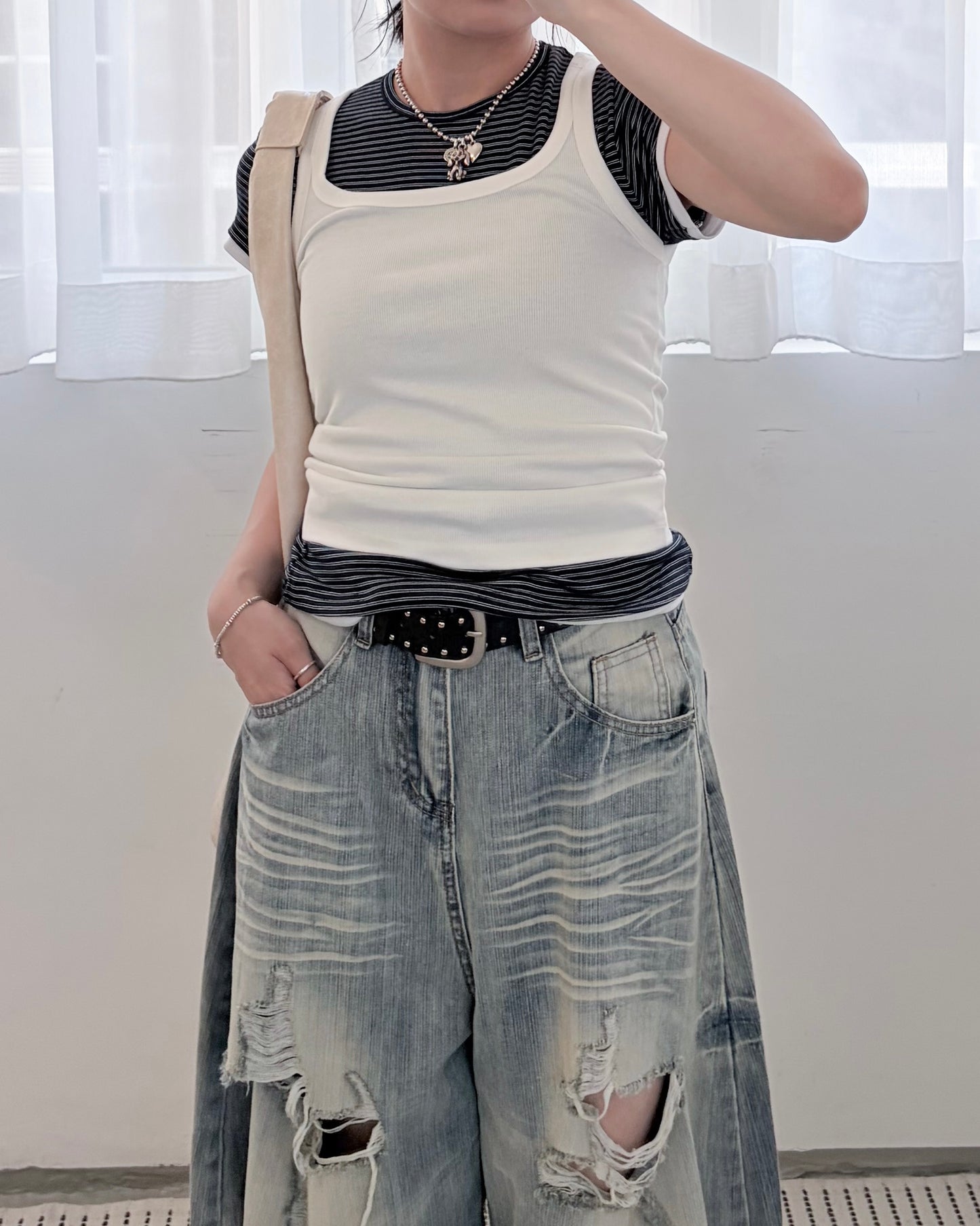 TP825- Stripe Double Layer Tee | White | Brown | Navy ( 軟熟超大彈性 )