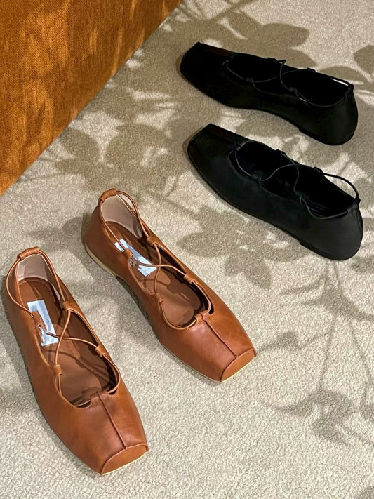 SH11- Square Ballet Flats | Brown | Black