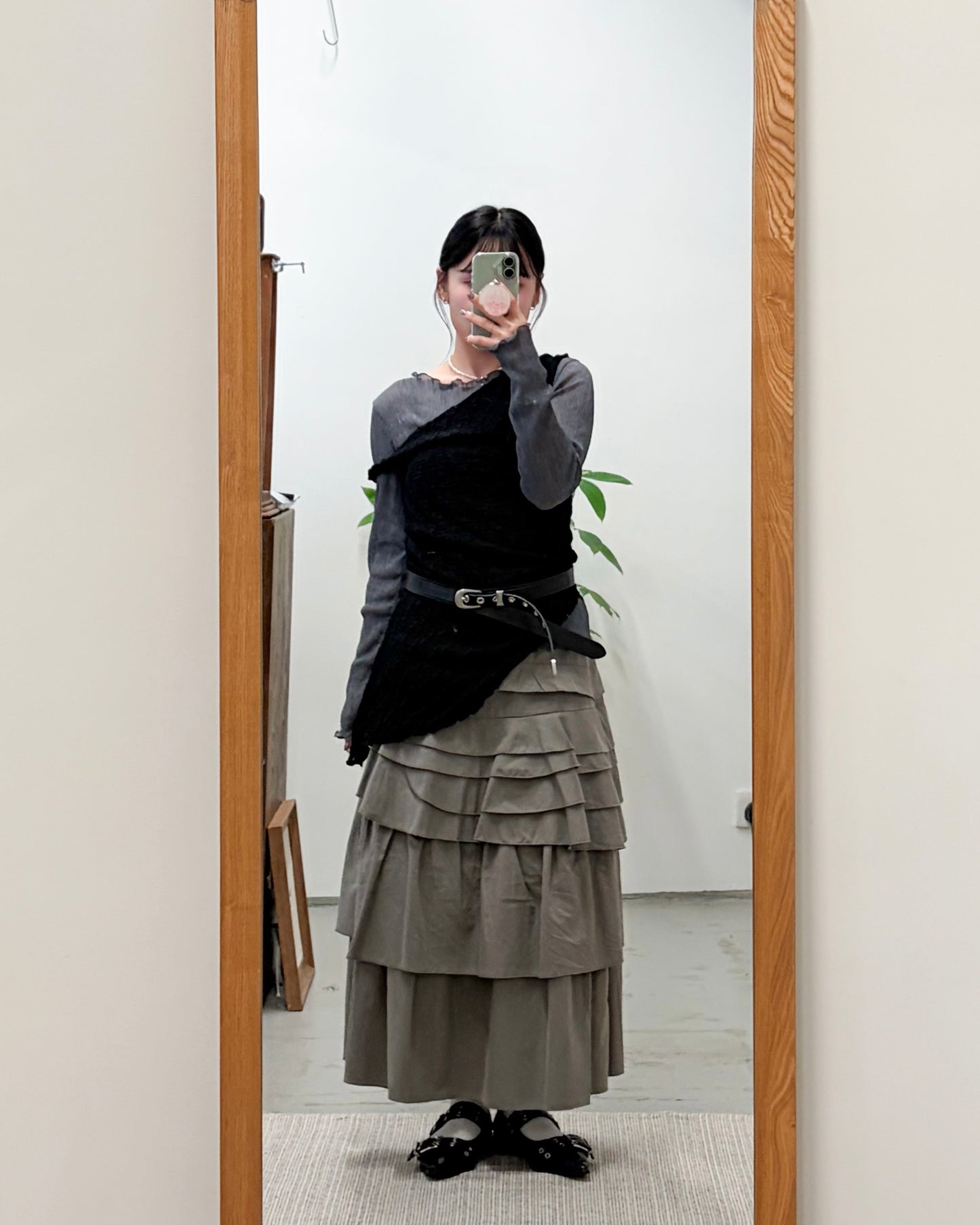 TP735- 樹紋 See-through Ruffle Top | White | Light grey | Grey | Blue | Black ( 超大彈性 )