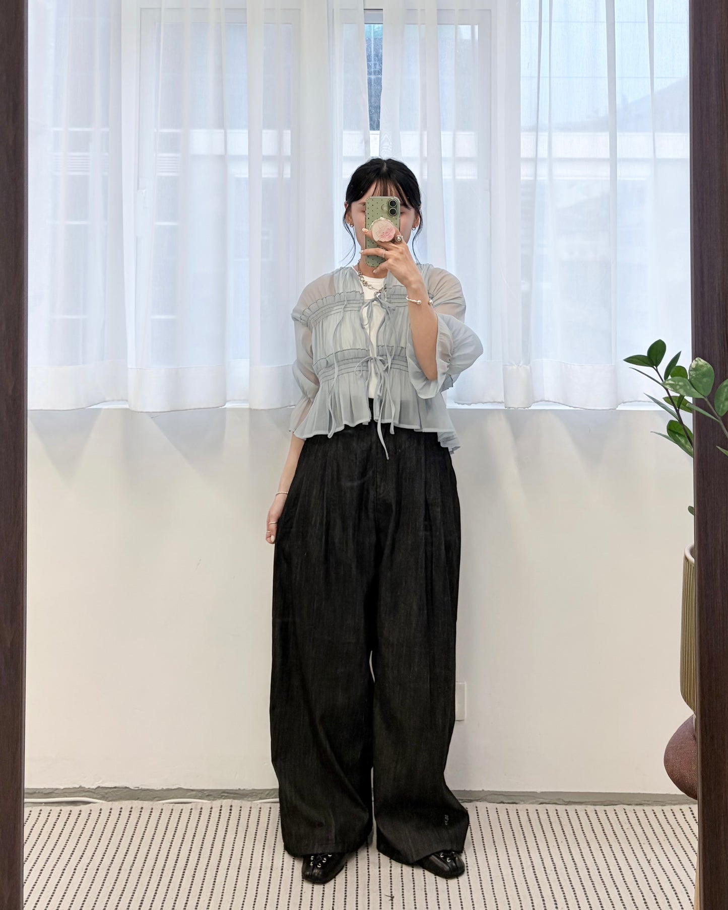 TP802- Front Ribbon Sheer Blouse | White | Blue | Stripe Yellow | Stripe Blue