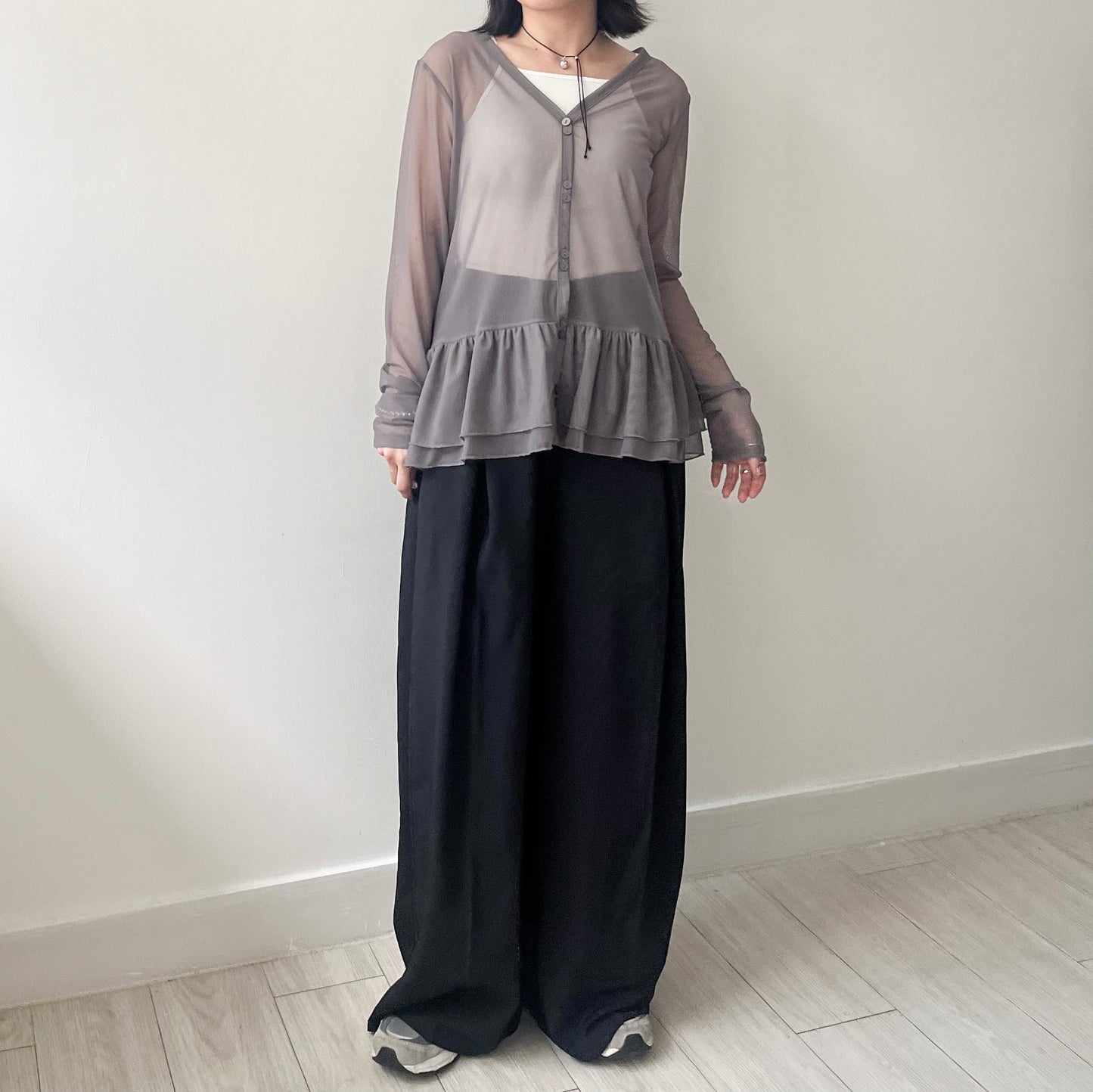 TP494- Layer See-through V Neck Top | White | Grey | Black