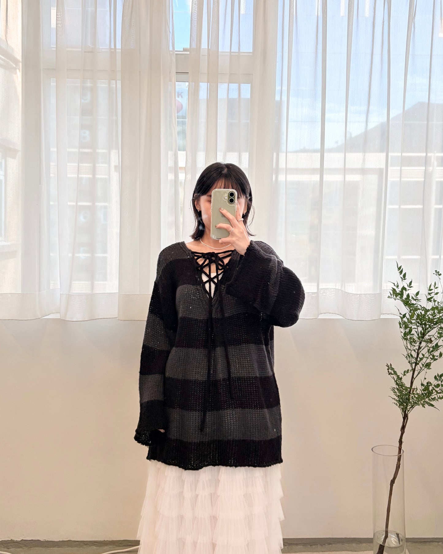 TP691- 拼色2 Ways Stripe Knit Top | Lime x Orange | Blue x Purple | Grey x Black