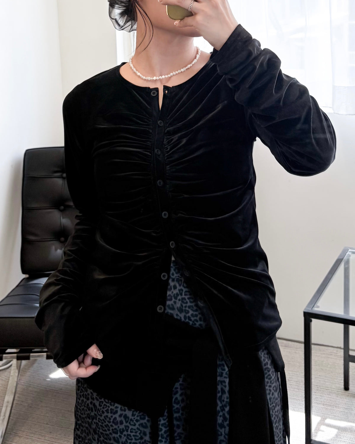 TP838- Sheer Velour gathered Top| Ivory | Brown | Black