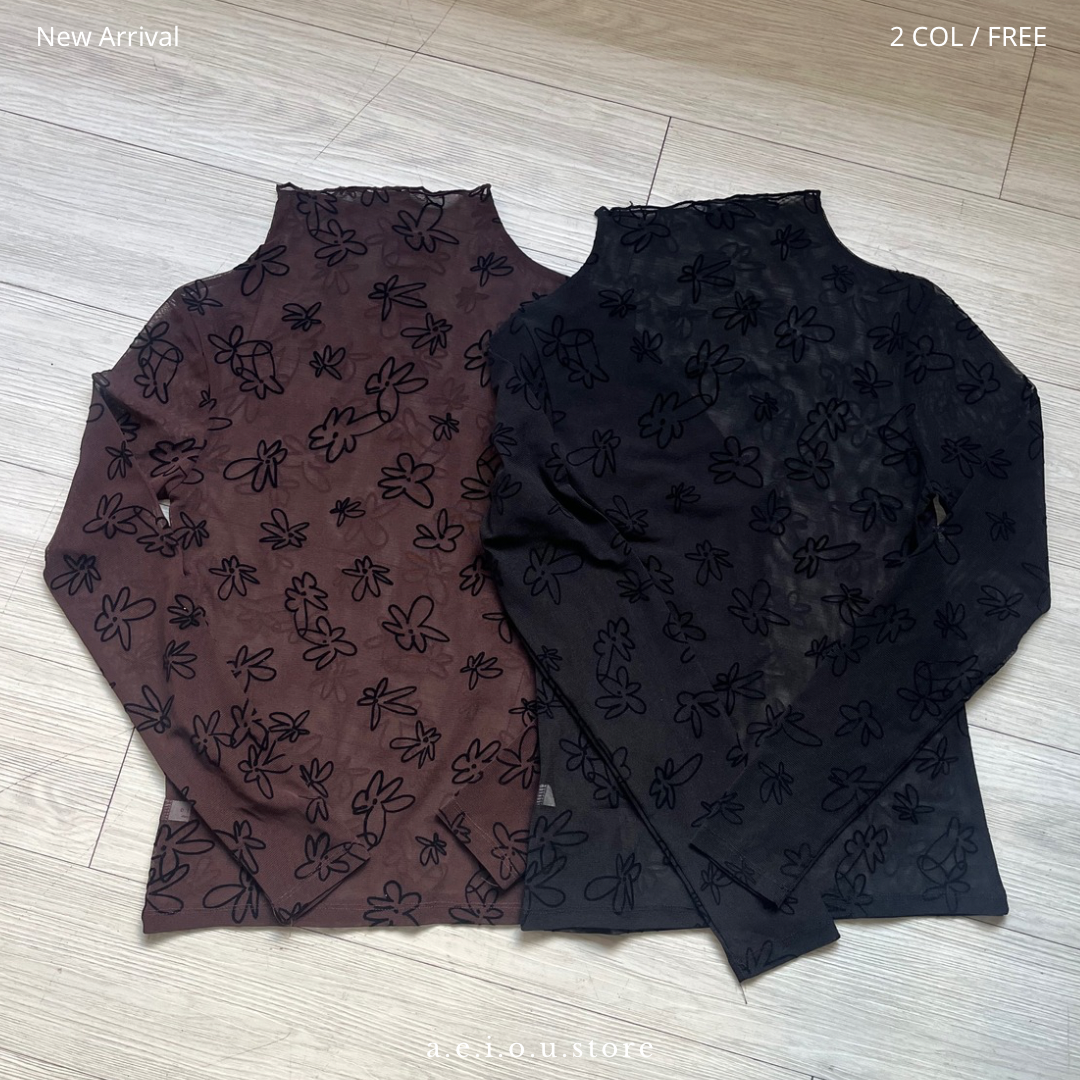 TP359- Flower Print See-thought Long Sleeve Top |Brown | Black