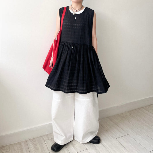 TP635- Big Cheked Side Ribbon Vest Layer | Black