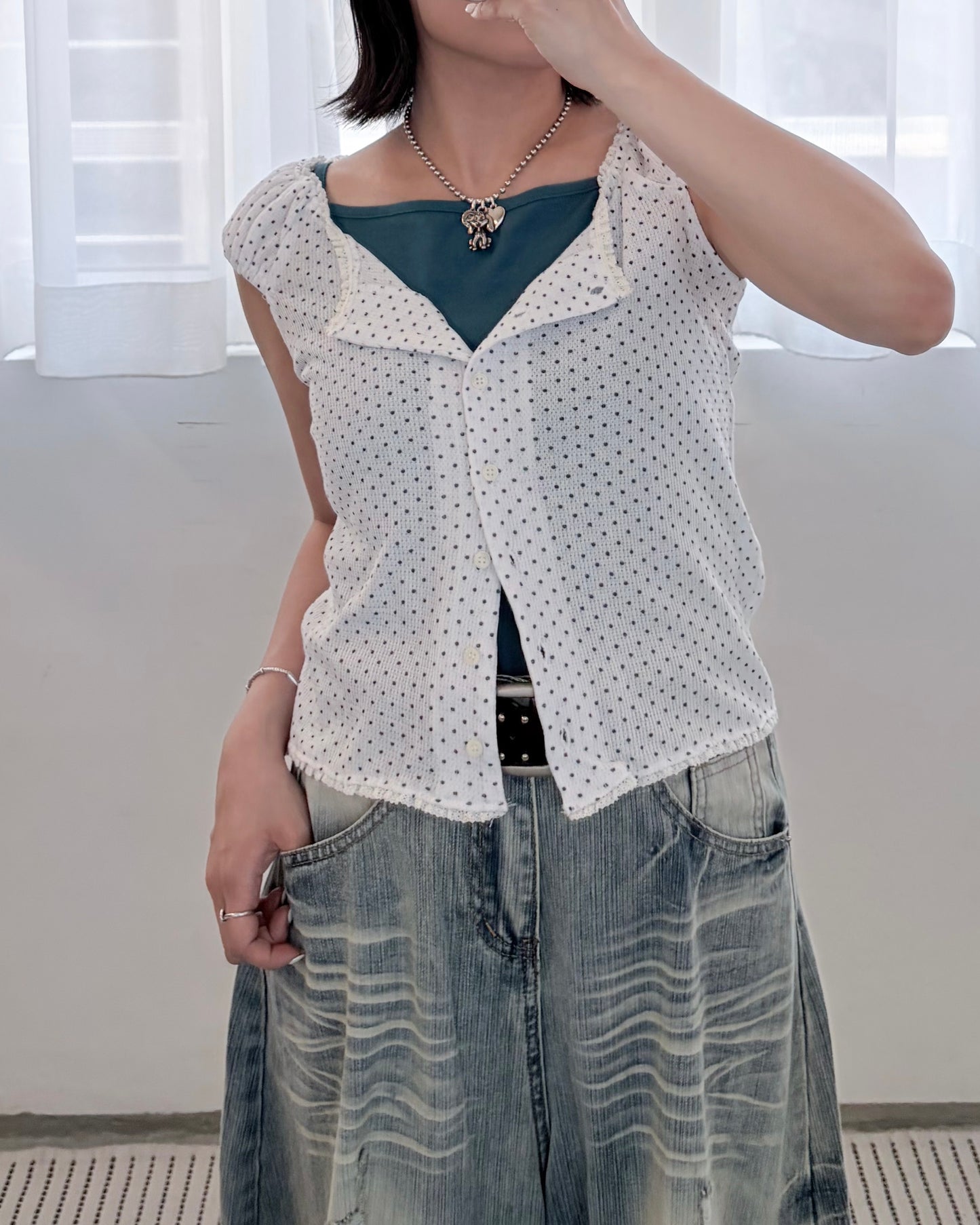 TP822- Small Dot Cute Vest Top | White | Navy