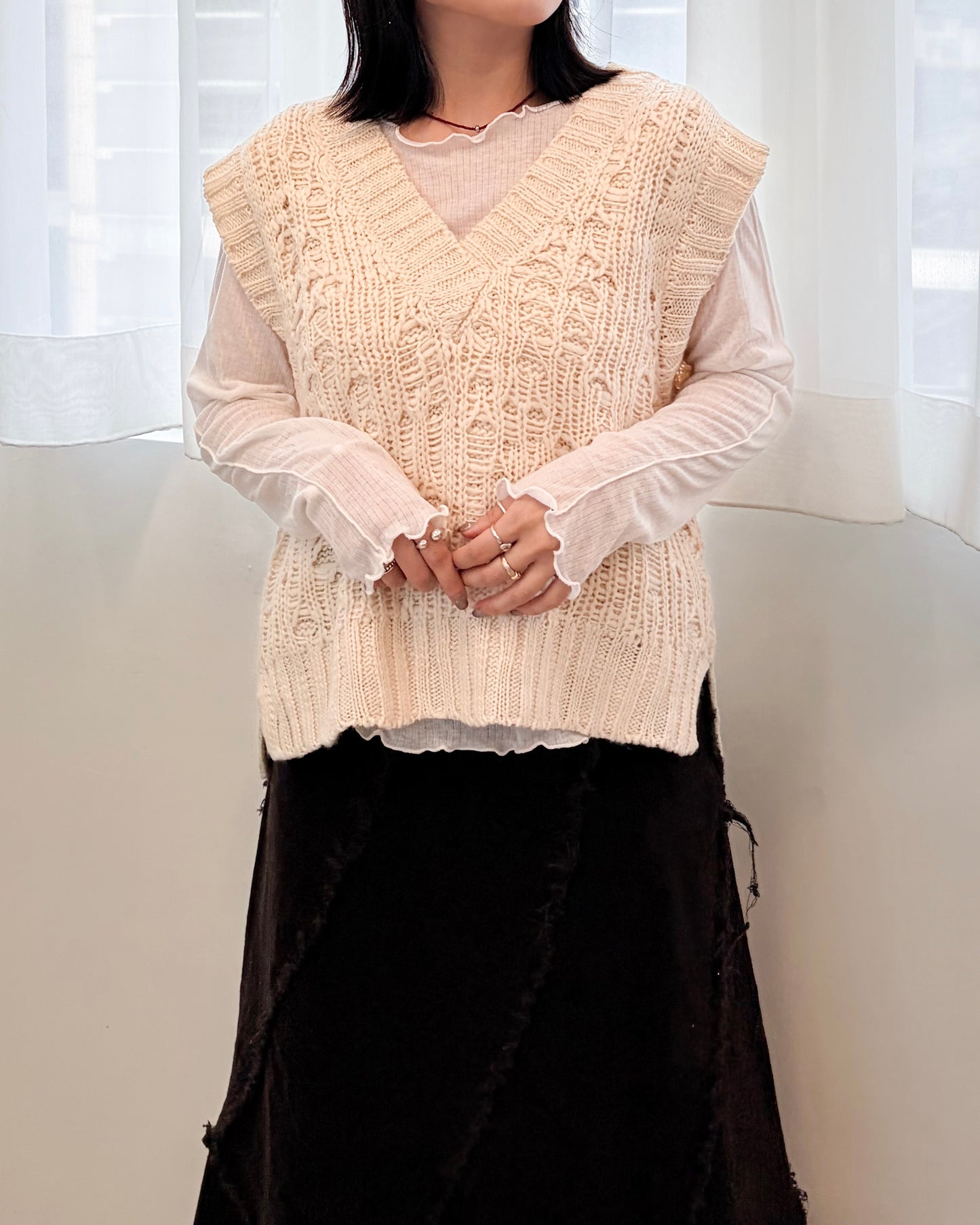 TP705- V Neck Knit Vest Top | Ivory | Camel Brown | Black