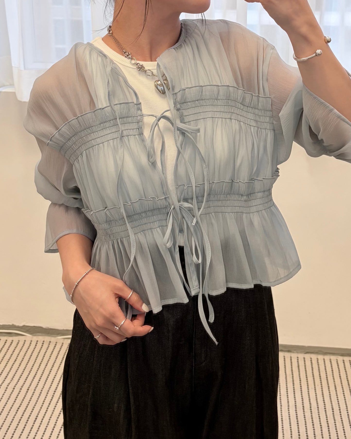 TP802- Front Ribbon Sheer Blouse | White | Blue | Stripe Yellow | Stripe Blue