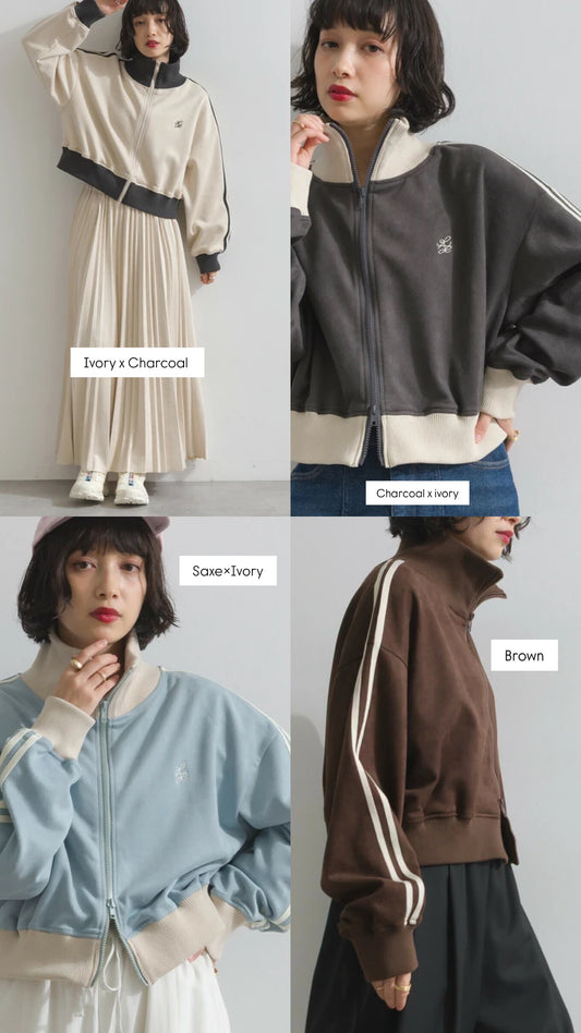 JK33-  Cropped Track Jacket | Ivory | Brown | Charcoal