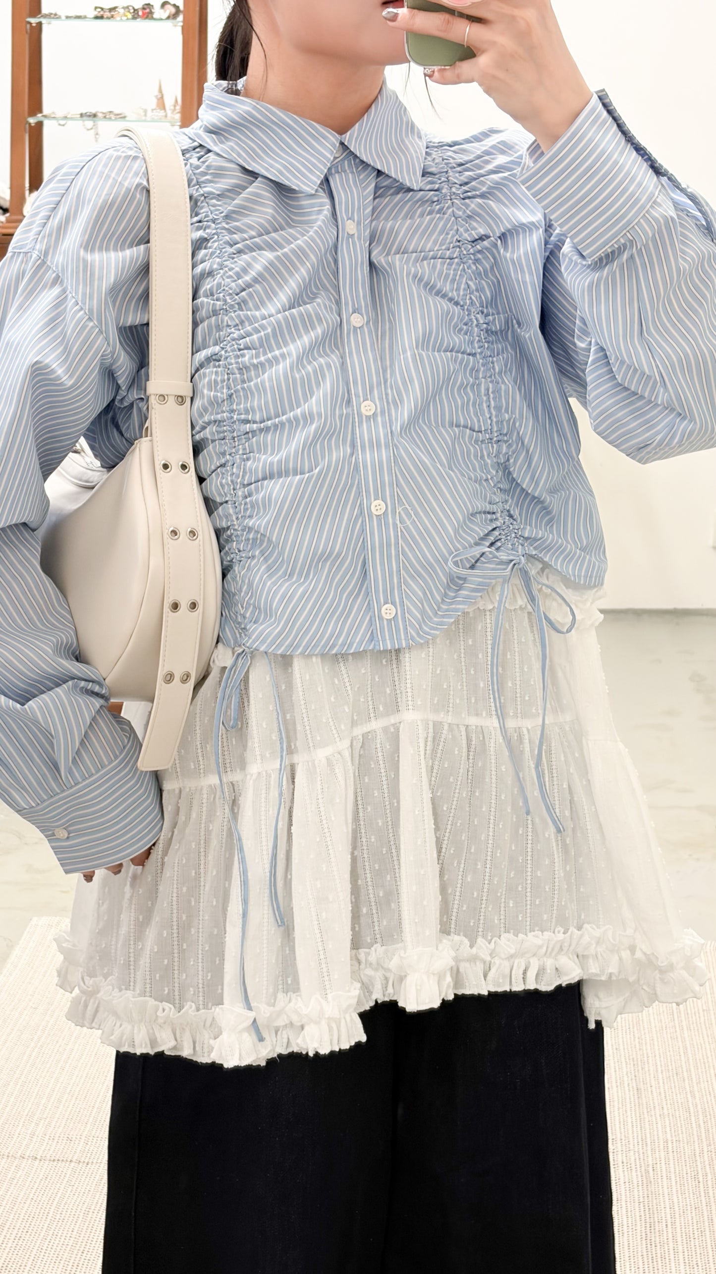 TP739- Front Shirring Short Length Shirt | Pink | Blue