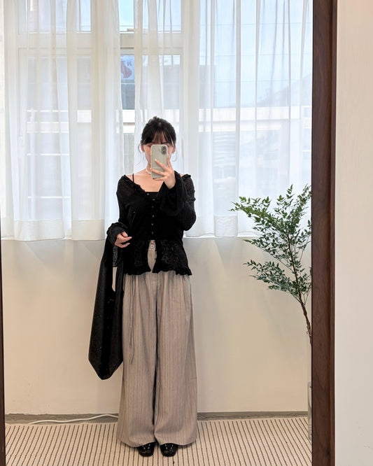 PT100- Stripe Classic Pant | Beige | Grey ( S / M ) 附有一條腰帶