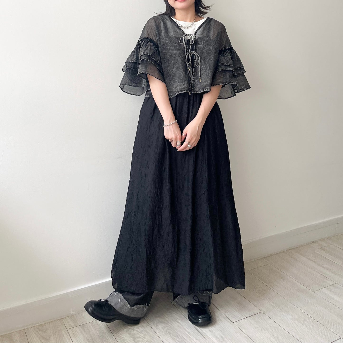 TP630- Ruffle Ribbon Cardigan | Grey Purple | Black