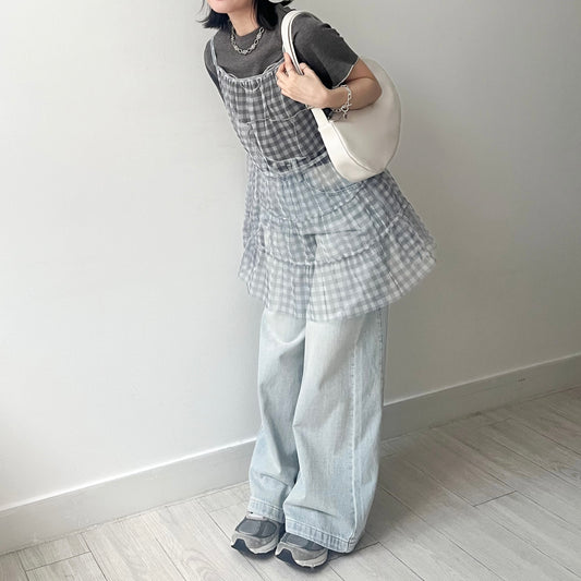 TP496- See-through Checked Top | Blue| Grey