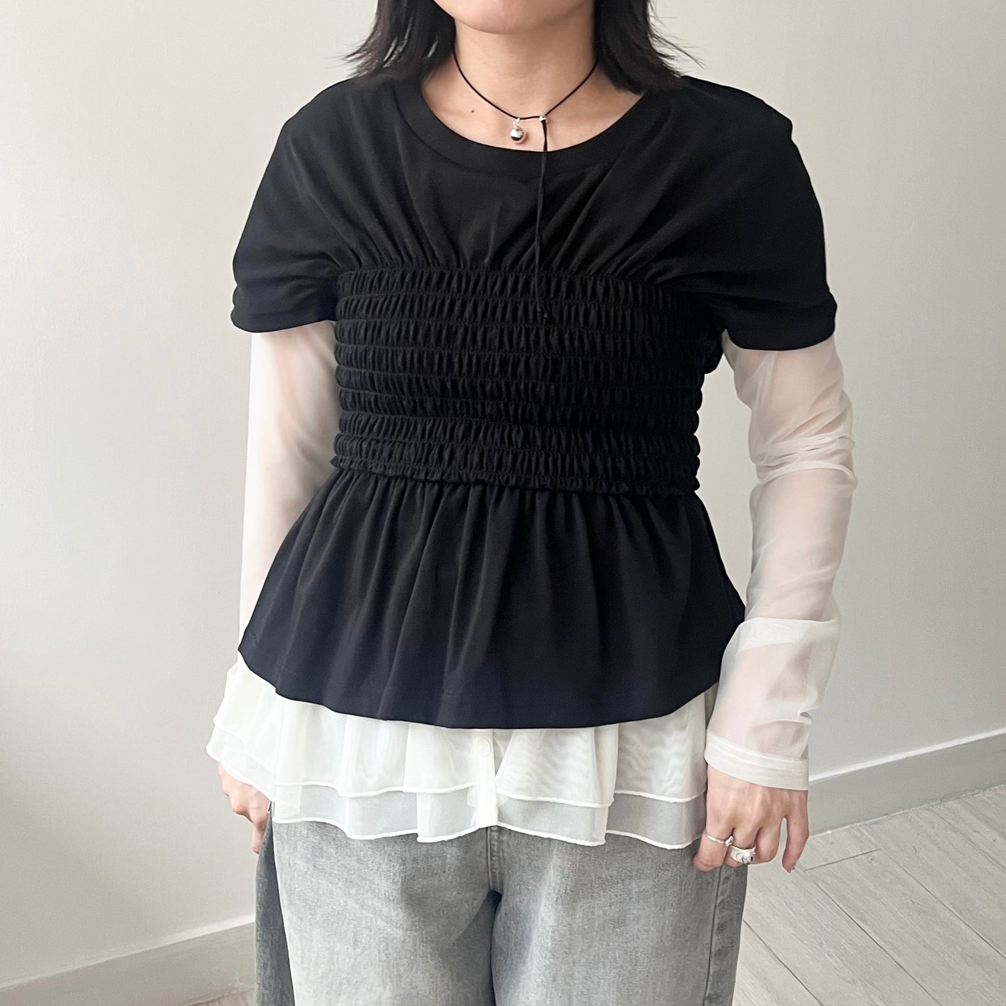 TP494- Layer See-through V Neck Top | White | Grey | Black